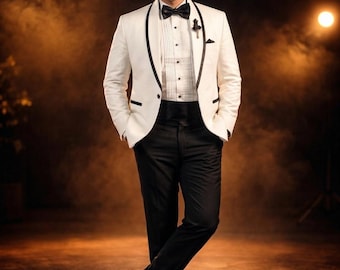 Ivory & Emerald Black Tuxedo for Men – 2 Piece Wedding Suit with tuxedo shirt, bow, belt, Groom Black Shawl Lapel Tux, Luxury Prom Suit