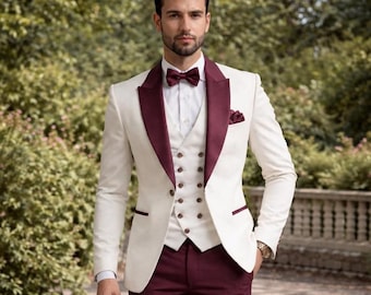 Męski smoking – kość słoniowa i bordowy, 3-częściowy, luksusowy garnitur dla pana młodego, ślub, formalny, najlepszy prezent dla niego