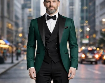 Men Tuxedo Suit – Emerald Green & Black 3 Piece Luxury Tuxedo | Groom Wedding Formal Shawl Lapel Suit Elegant Slim Fit Outfit