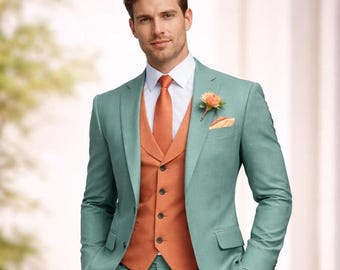 Abito da uomo verde menta, completo da sposo a tre pezzi con gilet arancione bruciato, abito formale da ballo, abito da cerimonia slim fit su misura.