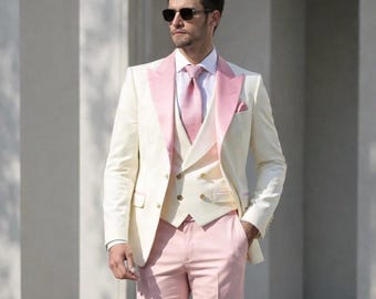 Traje de esmoquin de 3 piezas para hombre en rosa bebé y blanco – Atuendo de lujo para novio, boda, baile de graduación, estilo elegante