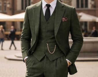 Men Forest Green Tweed Wool Suit 3 Piece Vintage 1920s Suit Wedding Groom Peaky Blinders Gatsby Formal Slim Fit Outfit Gift for Him