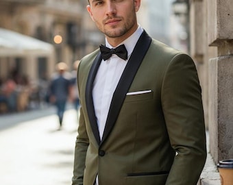 Traje de esmoquin verde caqui para hombre, pantalón negro, corte ajustado, ideal para bodas, graduaciones, eventos formales, eventos formales, traje moderno a medida, regalo para él.
