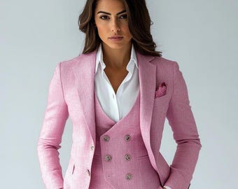 Women Pink Linen 3 Piece Suit Slim Fit Tailored Elegant Formal Blazer Waistcoat Pants Set Wedding Party Outfit Gift For Her