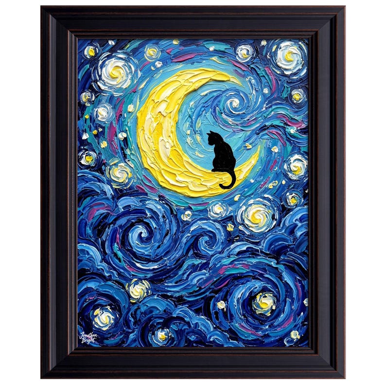 Starry Night Cat Crescent Moon Print | Whimsical Nursery Wall Art ...