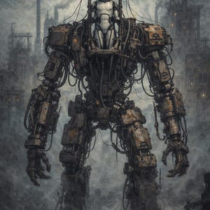 Puede incluir: Un imponente robot de estilo steampunk con una figura humana encerrada en su estructura metálica. El robot está construido con metal oxidado y cableado intrincado, sobre un fondo de un paisaje industrial humeante. La figura interior tiene piel pálida y ojos azules brillantes.