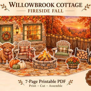 Printable Paper Craft: Fireside Fall Highland Cow, Plaid Chairs, Stone Patio (7-Page PDF)