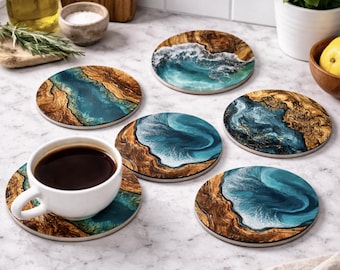 Ocean Resin Wood Coasters, Blue Wave Drinkware, Coastal Beach House Decor