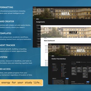 May include: A digital interface with three different views: dark, light, and a clutter-free interface. The interface displays the word "HUSTLR" and features options for assignments, dashboards, and time-blocking templates. The text "Main character energy for your study life" is also visible.