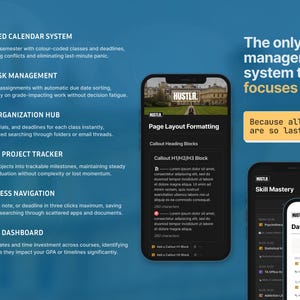 May include: A mobile app interface with a blue and white design, showcasing features like an integrated calendar, task management, and course organization. The app displays the text "HUSTLR" and "Page Layout Formatting."