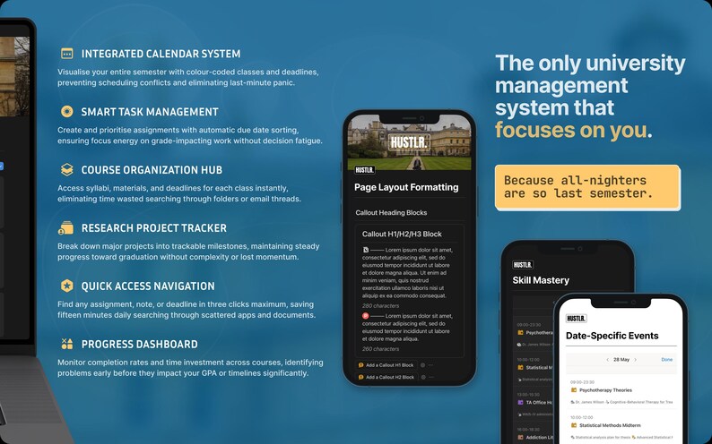May include: A mobile app interface with a blue and white design, showcasing features like an integrated calendar, task management, and course organization. The app displays the text "HUSTLR" and "Page Layout Formatting."