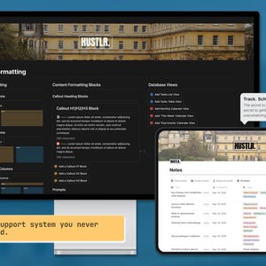 May include: A computer monitor and tablet displaying the "HUSTLR" interface. The monitor shows page layout formatting options, while the tablet displays notes. Text includes "Track. Schedule. Execute. Succeed." and "The academic support system you never knew you needed."