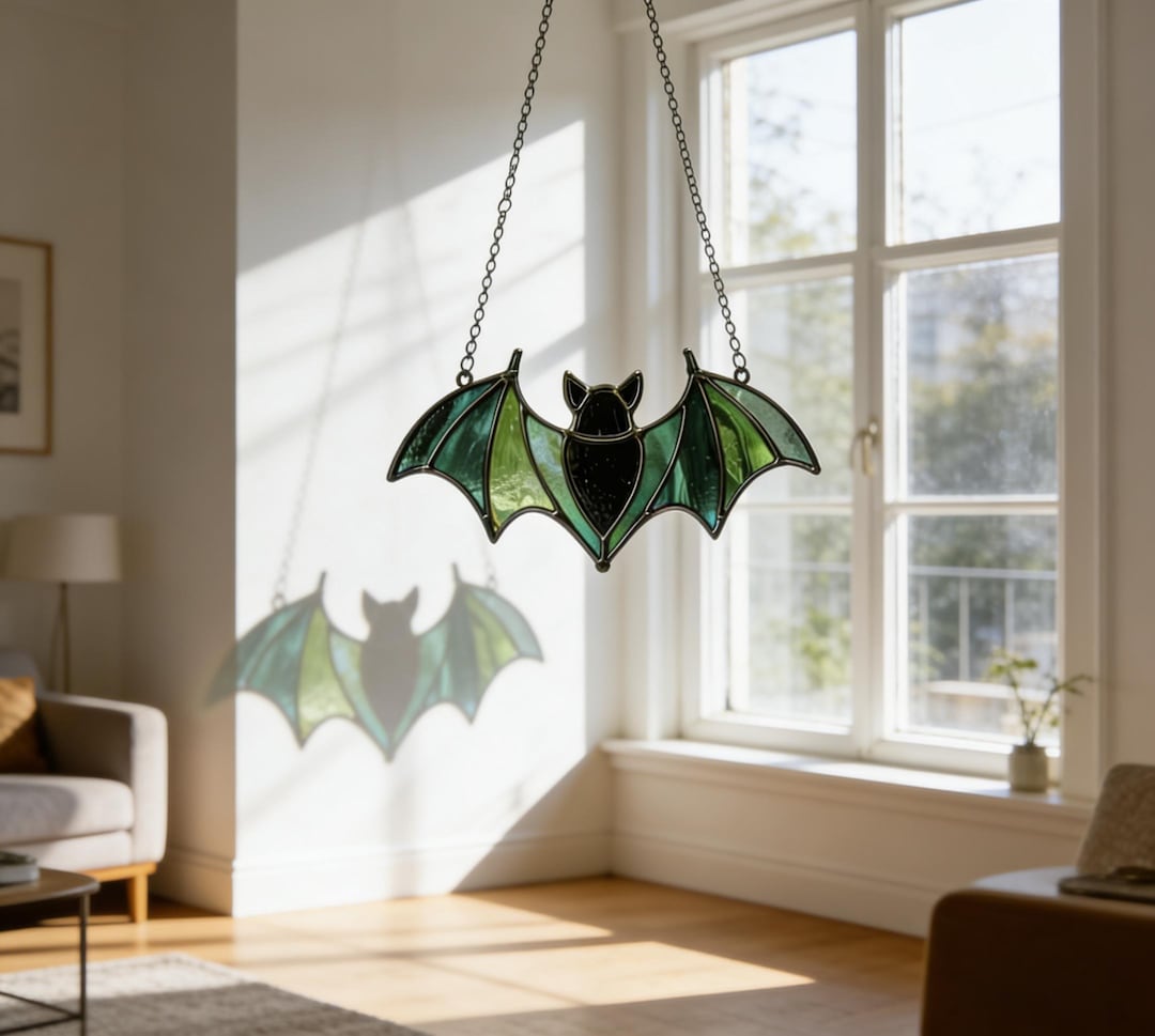 Stained Glass Green Bat Sun Catcher Glass Bat Window Decor Spooky ...