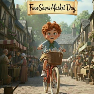 Op de afbeelding: Een boekomslag met de titel The Fix-It Adventures of Finn: Finn Saves Market Day door Keven M Donaldson. Het toont een stripfiguur met krullend rood haar op een rode fiets met een rieten mand op een drukke marktplaats.