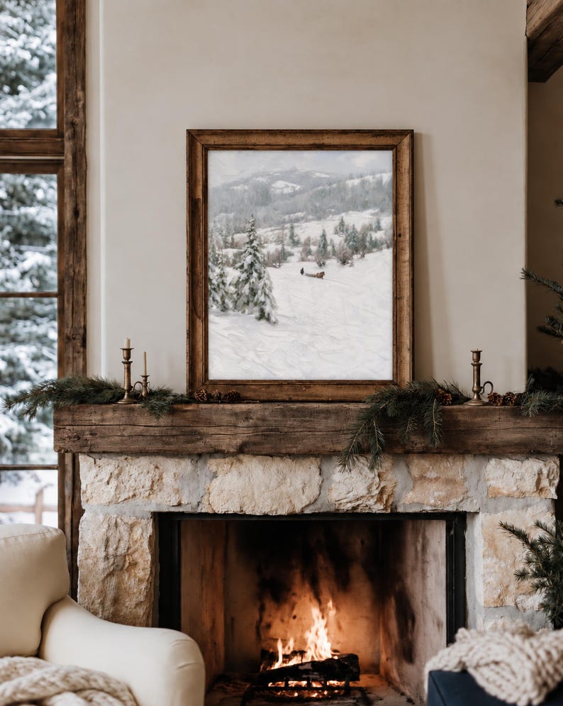 Vintage Winter Sleigh Wall Art, Snowy Mountain Landscape Print, Horse ...
