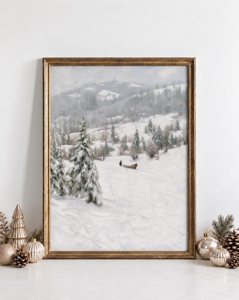 Vintage Winter Sleigh Wall Art, Snowy Mountain Landscape Print, Horse ...
