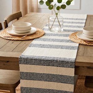 Puede incluir: Un camino de mesa tejido con rayas horizontales alternas en color blanco roto y gris oscuro. El camino se coloca sobre una mesa de madera con dos manteles individuales redondos trenzados, cada uno con un cuenco y un plato blancos.