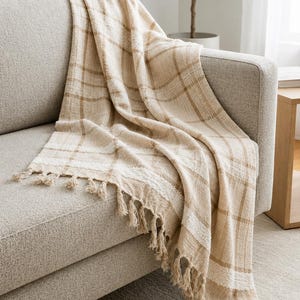 Manta a cuadros tejida a mano, manta de algodón bouclé con textura irregular, manta para sofá beige marfil, manta rústica para sofá, manta de cama tejida con flecos