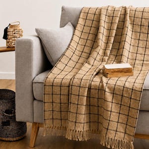 May include: A tan throw blanket with a dark brown grid pattern and fringed edges draped over a light gray sofa. Two rectangular books with light-colored covers are stacked on top of the blanket. The fabric has a visible woven texture.