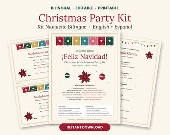 Tweetalig kerstfeestpakket, bewerkbare Nochebuena-uitnodiging, Spaanse spelletjes (digitale download)