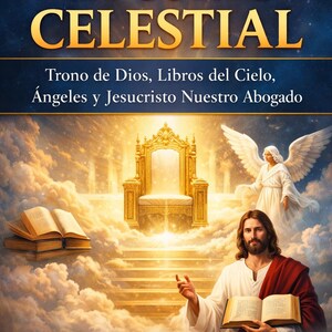 May include: Digital artwork depicting a celestial scene with the text "LA CORTE CELESTIAL". The image features a golden throne, angels, and Jesus holding a book. The artwork is set against a backdrop of clouds and a starry sky.