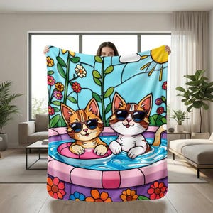Katzen Pool Party Fleece Decke, Glasmalerei Kätzchen, Sommer Blumenwurf