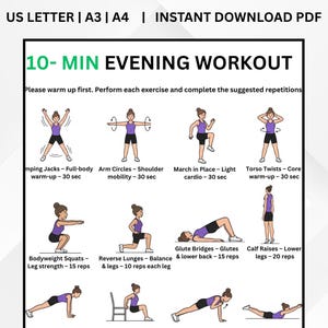 May include: A printable workout guide titled "10- MIN EVENING WORKOUT" with exercise illustrations. Includes exercises like jumping jacks, arm circles, and squats. The guide is designed for instant download in US Letter, A3, and A4 sizes.