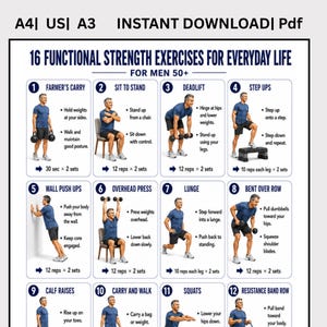 Puede incluir: Un póster digital titulado 16 Functional Strength Exercises for Everyday Life for Men 50+ que presenta ilustraciones numeradas de ejercicios como el paseo del granjero, peso muerto y estocadas con instrucciones y repeticiones.