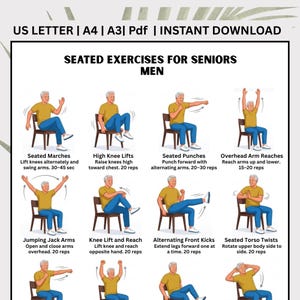 Può includere: Una tabella digitale intitolata SEATED EXERCISES FOR SENIORS MEN con illustrazioni di una persona in maglietta gialla e pantaloni blu che esegue vari esercizi da seduti su una sedia, inclusi marce, pugni e allungamenti con istruzioni.