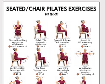 Stuhl-Pilates-Übungen für Senioren (PDF zum Ausdrucken), Sitzendes Pilates-Training für Frauen ab 50, Sanfte Stuhl-Übungsanleitung, Gleichgewichts- und Rumpfmuskulaturtraining