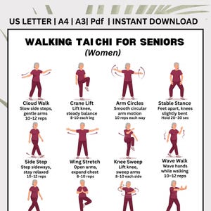 Può includere: Una guida stampabile intitolata "Walking Tai Chi for Seniors" con pose di esercizi illustrate. La guida include istruzioni per Cloud Walk, Crane Lift, Arm Circles, Stable Stance, Side Step, Wing Stretch, Knee Sweep e Wave Walk.