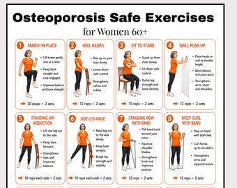 Osteoporosis Safe Exercises for Women 60+ Printable PDF, 16 Bone Strength & Balance Exercises Chart, Senior Workout Guide, Digital Download