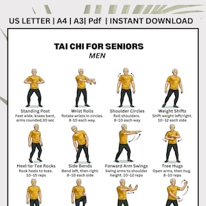 Può includere: Una guida stampabile per esercizi di Tai Chi per anziani, con illustrazioni di vari movimenti. La guida include istruzioni per esercizi come Standing Post, Wrist Rolls e Shoulder Circles, con il testo "TAI CHI FOR SENIORS MEN".