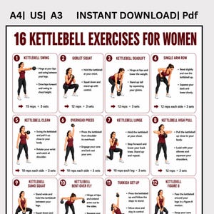 May include: A digital poster titled 16 KETTLEBELL EXERCISES FOR WOMEN featuring numbered instructional panels. Each panel displays a person performing a specific kettlebell movement with text descriptions, repetition counts, and set recommendations.