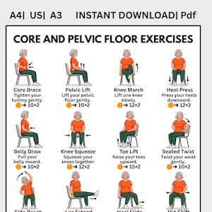 May include: A digital chart titled CORE AND PELVIC FLOOR EXERCISES featuring illustrations of a person in an orange shirt and green pants performing various seated movements. The text includes instructions for each exercise, such as Core Brace, Pelvic Lift, Knee March, and Heel Press, with repetition counts.