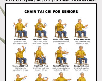 Chair Tai Chi For Seniors, Seated Exercise Poster, Balance Chart for Elderly (Digital Download)
