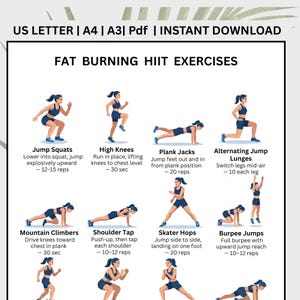 May include: A digital workout guide titled "FAT BURNING HIIT EXERCISES" with illustrations of various exercises, including jump squats, high knees, plank jacks, and alternating jump lunges. The guide provides rep counts and time durations.
