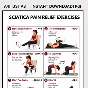 Sciatica Relief Exercises for Women Printable Pdf, Sciatic Nerve Pain Stretch Chart PDF, Lower Back & Hip Pain Exercise Guide