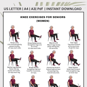 May include: A printable guide titled "Knee Exercises for Seniors (Women)" with illustrations of exercises. The exercises include knee lifts, extensions, march lifts, toe taps, gentle leg raises, knee holds, hamstring stretches, and heel slides.