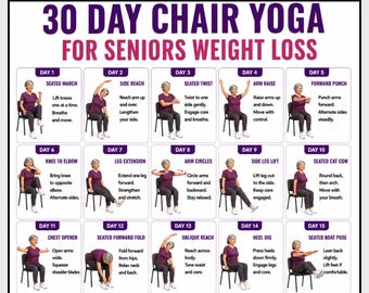 30 Day Chair Yoga for Seniors Weight Loss, Seated Exercise Chart For Elderly and Beginners, Printable Balance Flexibility PDF Poster