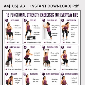 May include: A digital poster titled 16 Functional Strength Exercises for Everyday Life, available in A4, US, and A3 sizes as an instant PDF download. It features numbered illustrations of exercises with instructions and repetition counts.