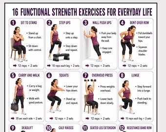 Strength Exercises for Women 45+, Printable Workout Chart, 16 Everyday Strength Exercises, Mobility & Balance PDF, Home Fitness Guide