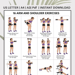 May include: A digital PDF guide featuring 16 arm and shoulder exercises. Each exercise is illustrated with a woman using dumbbells. Exercises include bicep curls, tricep kickbacks, and shoulder presses. Text includes exercise names and rep ranges.