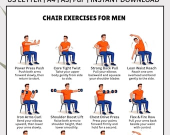 Chair Exercises for Men, Seated workout guide printable, Men home fitness