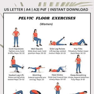 May include: A printable PDF guide titled "Pelvic Floor Exercises" with illustrations of various exercises. The guide includes exercises like core squeezes, wall squats, side leg raises, and hip tilts. The text also includes the phrase "US LETTER | A4 | A3 | Pdf | INSTANT DOWNLOAD".