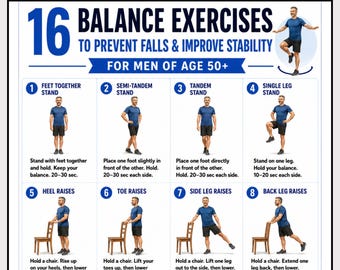 16 Balance Exercises for Men Over 50, Fall Prevention Workout, Stability & Coordination Exercises, Senior Balance Training Printable PDF
