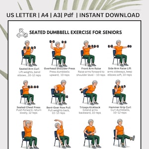 Puede incluir: Una guía de ejercicios imprimible para personas mayores, con ilustraciones de ejercicios con mancuernas sentado. Incluye instrucciones para flexiones de brazos, press de hombros y más. Disponible para descarga instantánea en formatos A4 y A3 PDF.