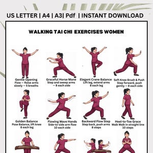 May include: A digital print titled "Walking Tai Chi Exercises Women." The image shows illustrated poses with instructions. Poses include Gentle Opening Flow, Graceful Horse Mane, Elegant Crane Balance, and Soft Knee Brush & Push. The print is available for instant download.