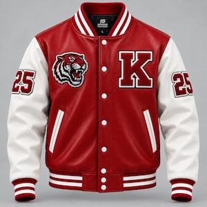 May include: A red and white varsity jacket featuring a tiger head patch on the right chest, a large letter K on the left chest, and the number 25 on both sleeves. The jacket has a snap-button front, striped ribbed collar, cuffs, and hem.