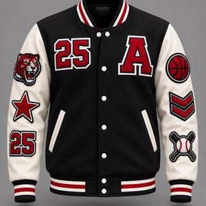 May include: A black and white varsity jacket featuring red and white striped ribbed trim at the collar, cuffs, and hem. The front displays the number 25 and the letter A in red with white outlines. Patches include a tiger, stars, and sports icons.